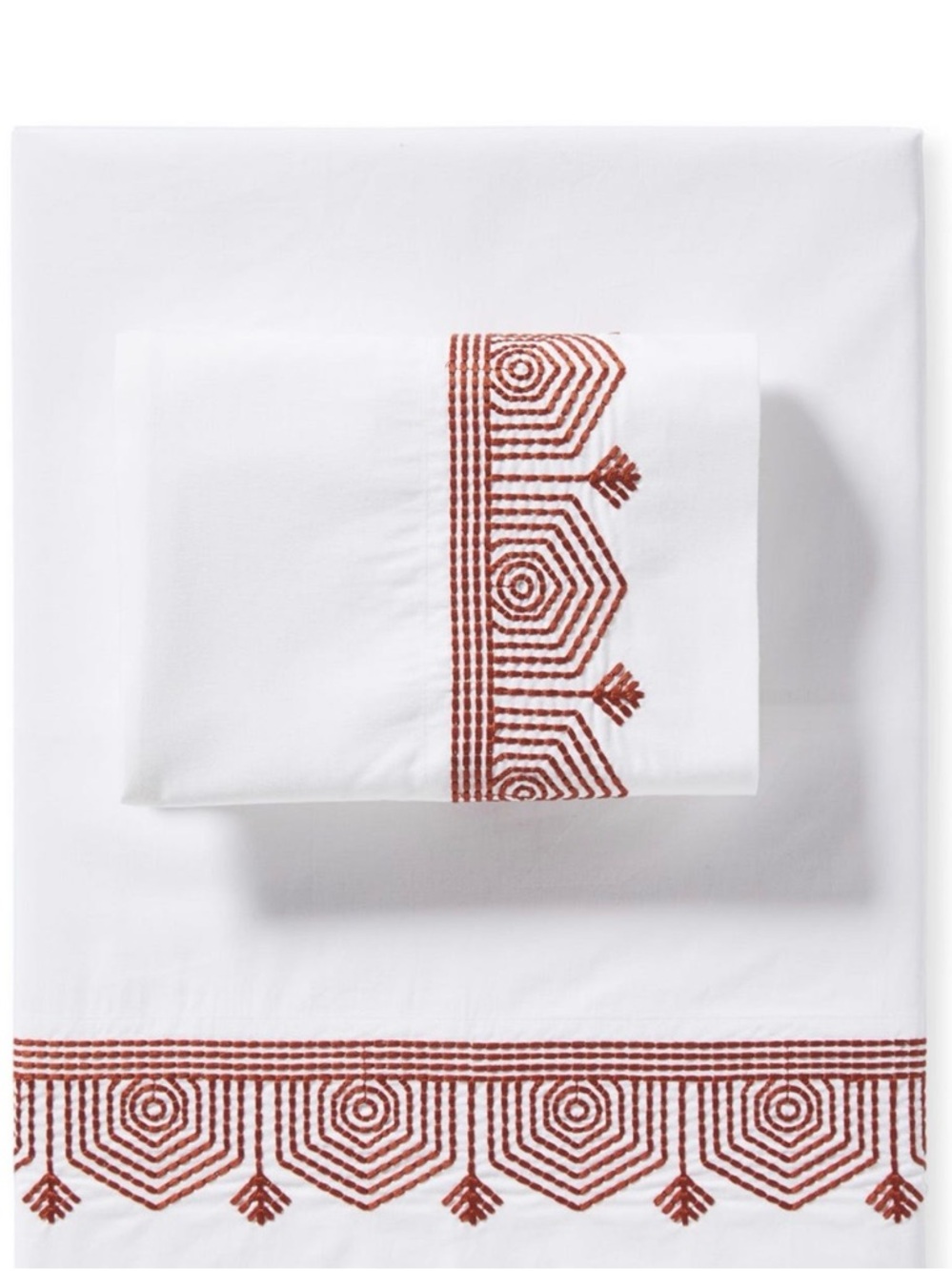 Serena & Lily Olympia Sheet Set with terra cotta Geometric Embroidery